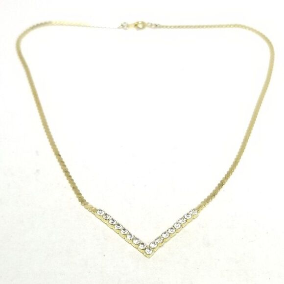 Vintage V Shape Rhinestone and Gold Tone Chain Necklace, Minimal Sparkle, Estate - Picture 6 of 6